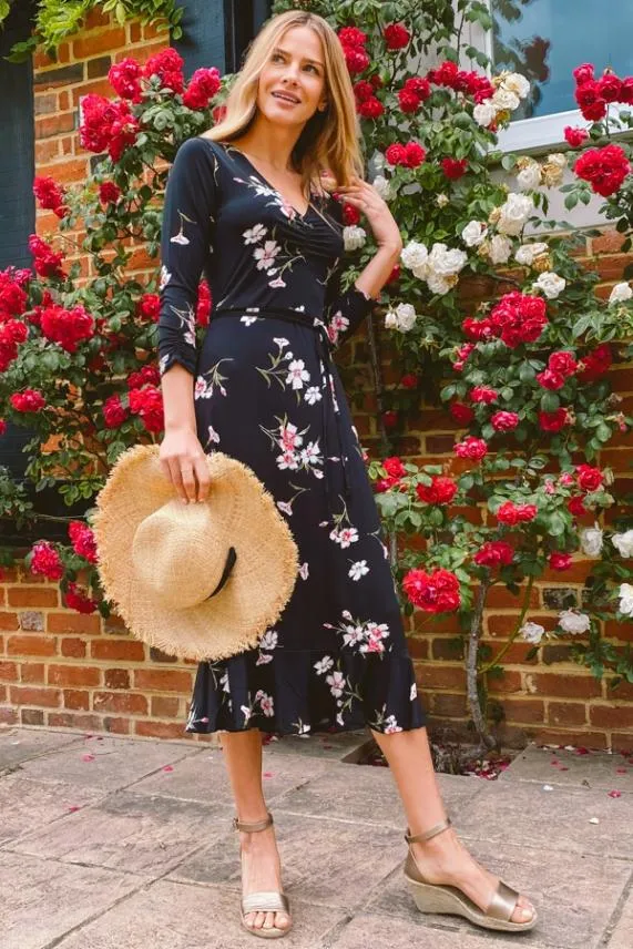 Sosandar Black and White Floral Print Jersey Midi Dress Black White Women Dresses