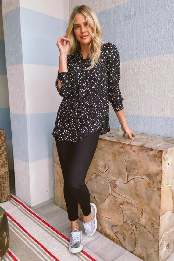 Sosandar Black and White Spot Print Tie Detail Blouse Black White Women Tops
