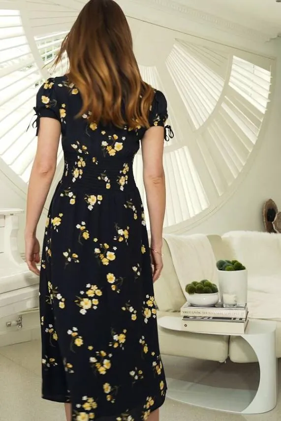 Sosandar Black and Yellow Floral Print Button Front Midi Dress Black Yellow Women Dresses
