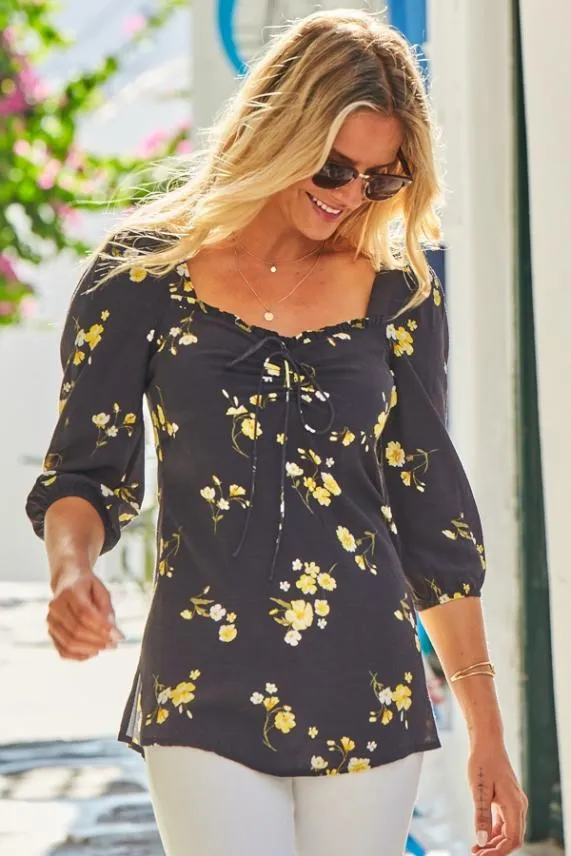 Sosandar Black and Yellow Floral Print Sweetheart Neck Top Black Yellow Women Tops Sosandar Black and Yellow Floral Print Sweetheart Neck Top Black Yellow Women Tops
