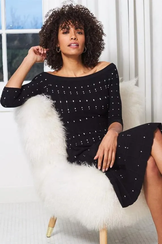 Sosandar Black Bardot Stripe Detail Midi Dress Black Women Knitwear