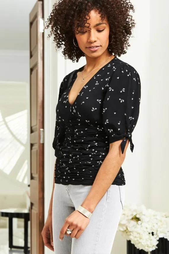 Sosandar Black Ditsy Print Ruched Front Tie Sleeve Top Black Women Tops