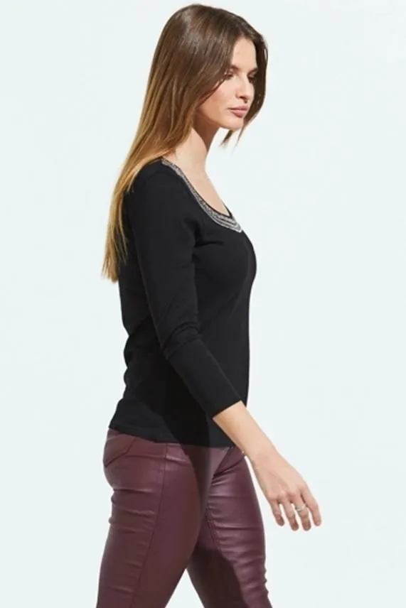 Sosandar Black Embellished Neckline Detail Top Black Women Tops