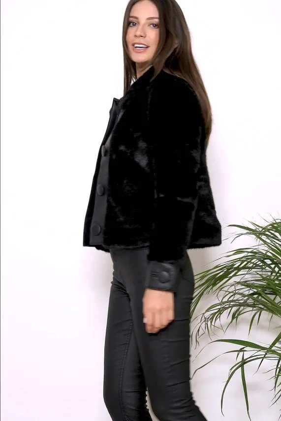 Sosandar Black Faux Fur and Leather Look Button Detail Jacket Black Women Jackets and Coats
