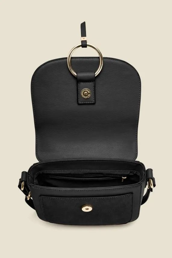 Sosandar Black Faux Leather Hoop Clasp Cross Body Bag Black Women Bags and Belts