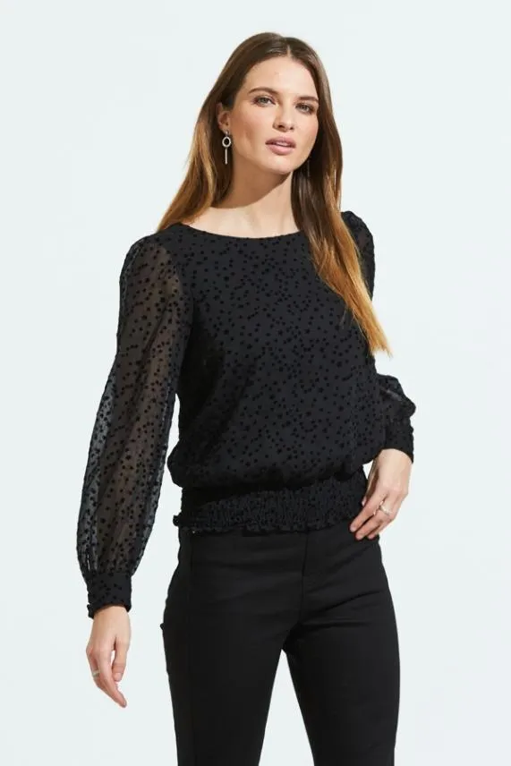 Sosandar Black Flock Spot Detail Shirred Waist Mesh Top Black Women Tops