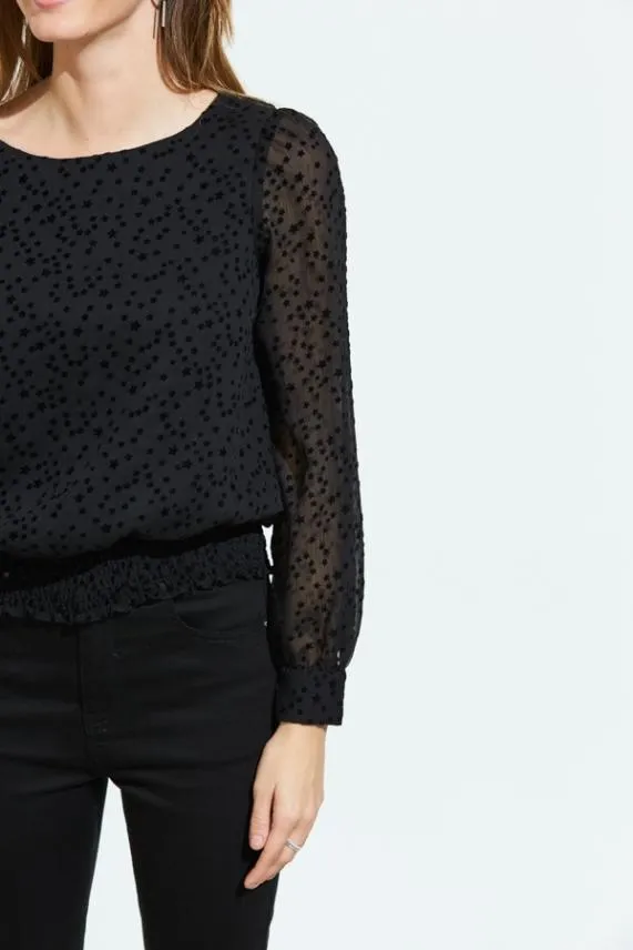 Sosandar Black Flock Spot Detail Shirred Waist Mesh Top Black Women Tops