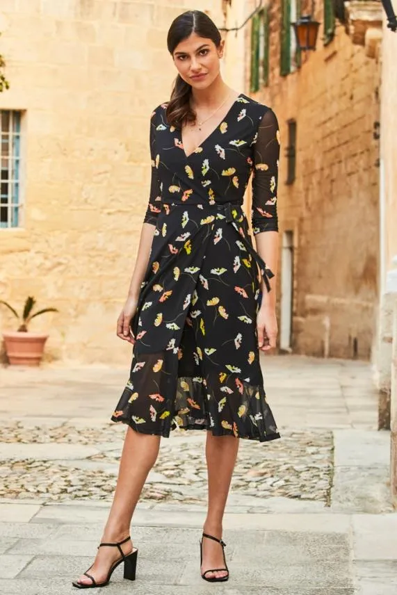 Sosandar Black Floral Print Mesh Wrap Midi Dress Black Women Dresses