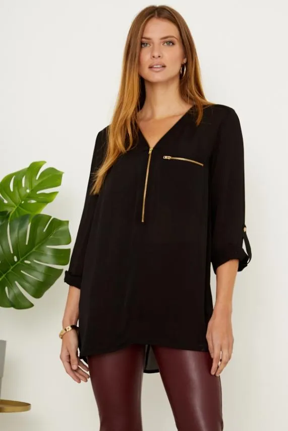 Sosandar Black Gold Zip Detail Longline Tunic Top Black Women Tops