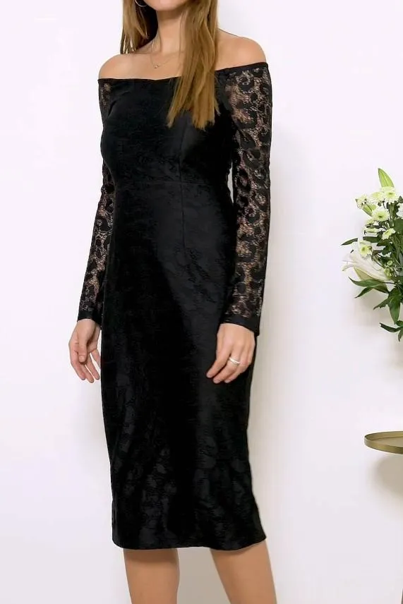 Sosandar Black Lace Long Sleeve Bardot Midi Dress Black Women Dresses