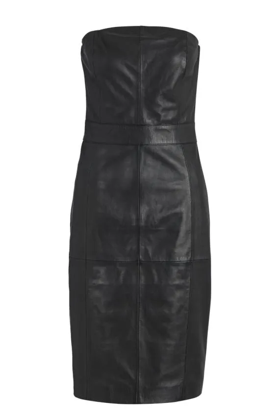 Sosandar Black Leather Bandeau Dress Black Women Dresses