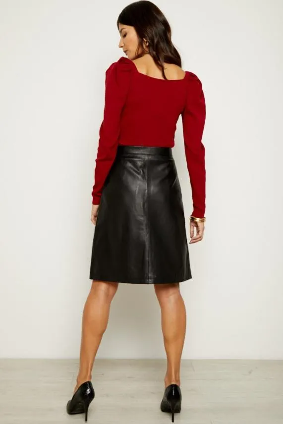 Sosandar Black Leather Zip Front A Line Skirt Black Women Skirts