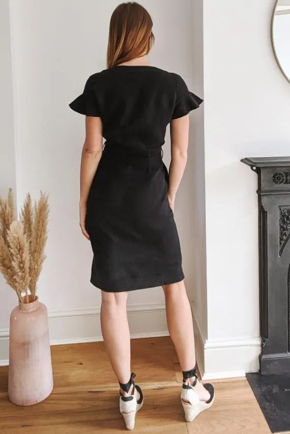 Sosandar Black Linen Button Front Ruffle Sleeve Dress Black Women Dresses