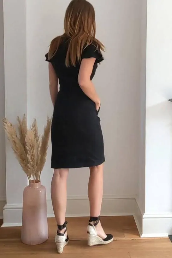 Sosandar Black Linen Button Front Ruffle Sleeve Dress Black Women Dresses