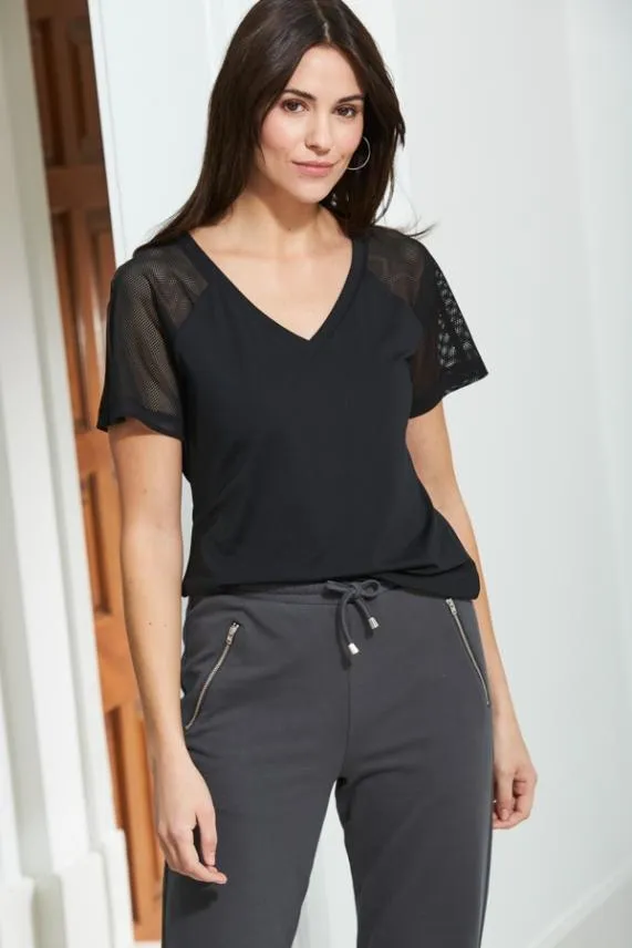 Sosandar Black Mesh Sleeve Breathe Activewear T Shirt Black Women Activewear