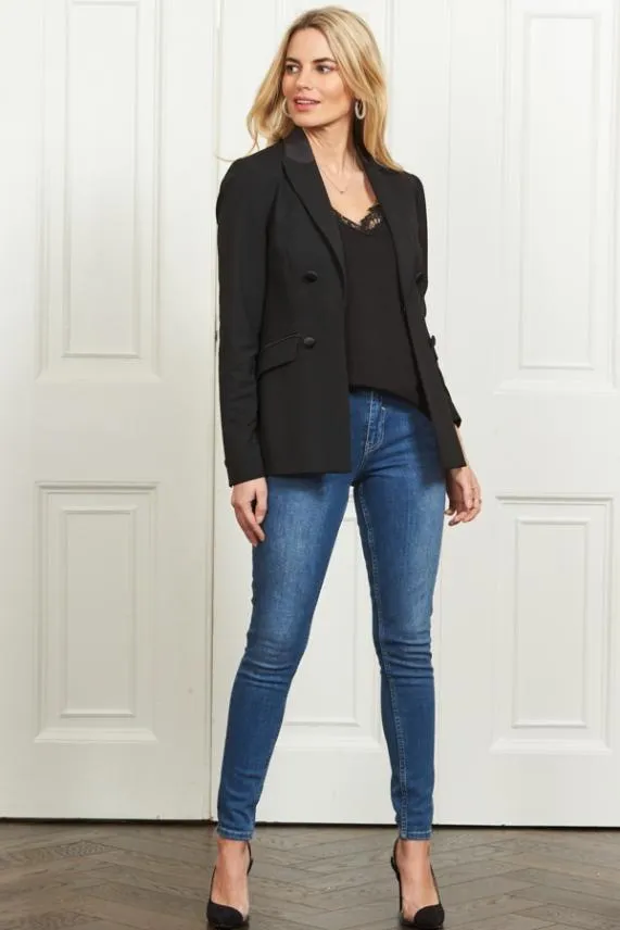 Sosandar Black Silky Detail Tuxedo Blazer Black Women Jackets and Coats