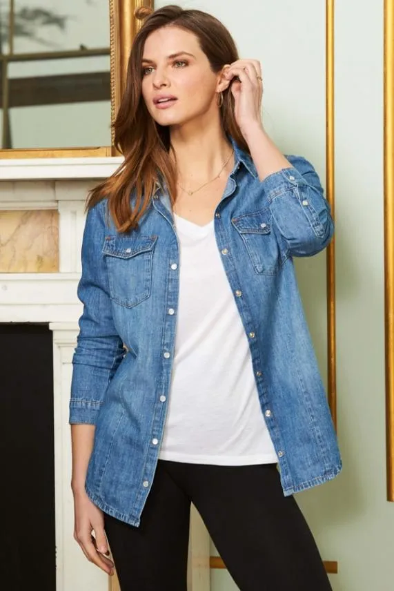 Sosandar Blue Denim Relaxed Fit Popper Front Shirt Blue Women Tops