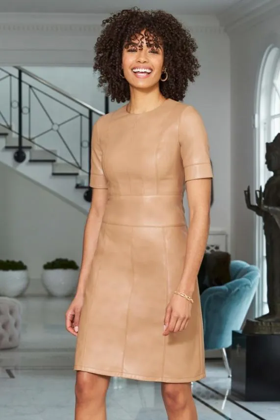 Sosandar Camel Leather Look Panelled Shift Dress Camel Women Dresses