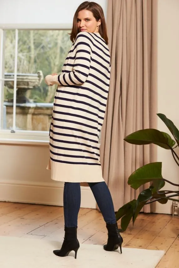 Sosandar Cream and Navy Striped Longline Knitted Cardigan Cream Navy Women Jackets and Coats