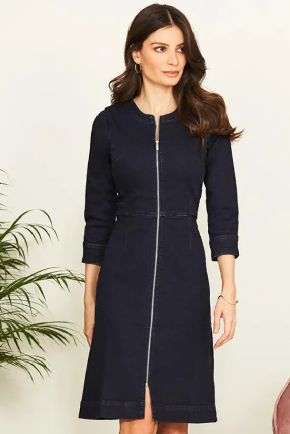 Sosandar Dark Indigo Zip Front Collarless Denim Dress Dark Indigo Women Dresses
