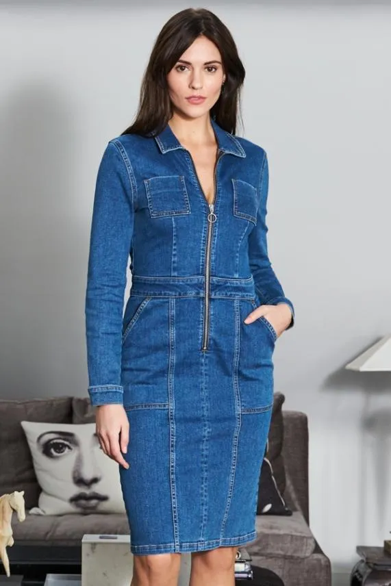 Sosandar Indigo Blue Zip Front Denim Pencil Dress With Pockets Indigo Blue Women Dresses Sosandar Indigo Blue Zip Front Denim Pencil Dress With Pockets Indigo Blue Women Dresses
