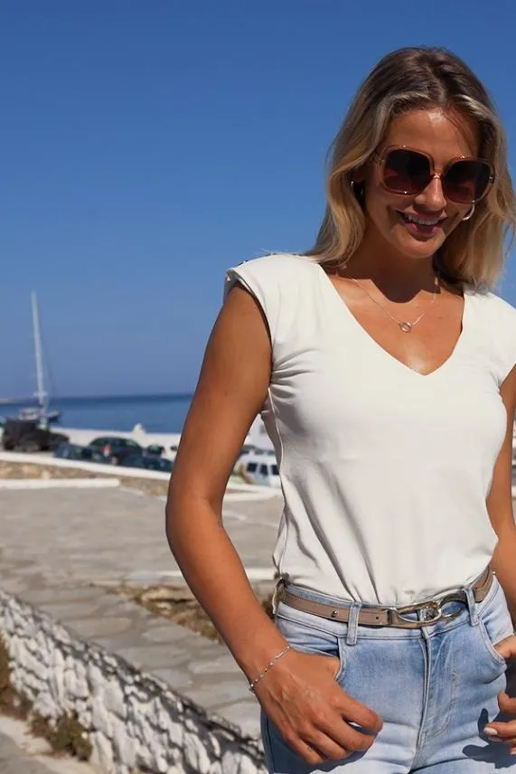Sosandar Ivory Premium Jersey Padded Shoulder Vest Top With Gold Stud Detail Ivory Women Tops