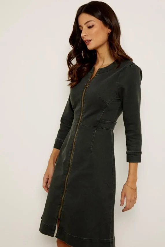 Sosandar Khaki Green Zip Front Collarless Stretch Denim Dress Khaki Green Women Dresses