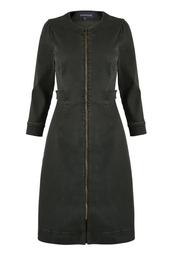 Sosandar Khaki Green Zip Front Collarless Stretch Denim Dress Khaki Green Women Dresses