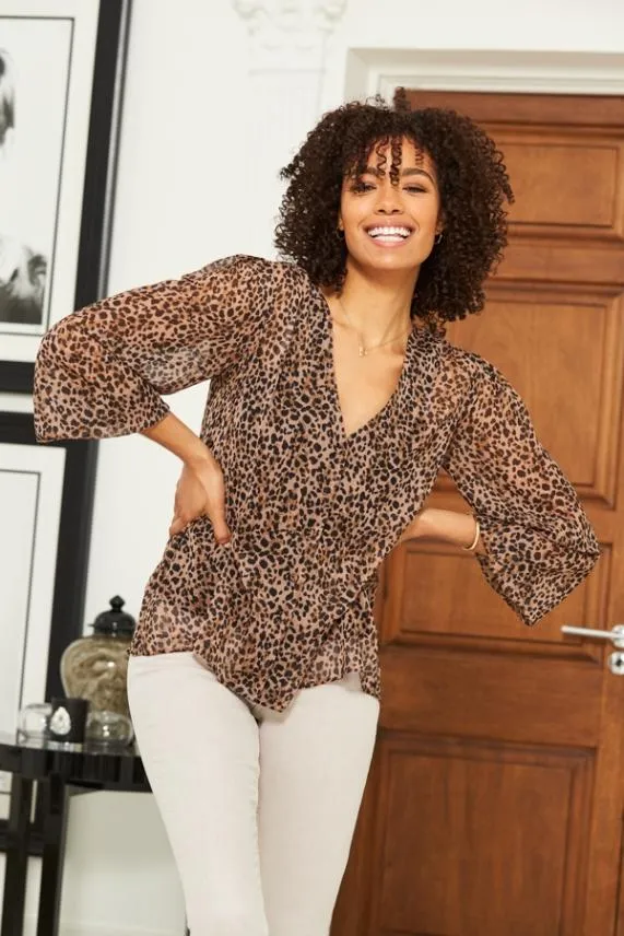 Sosandar Leopard Print Button Front Sheer Sleeve Blouse Women Tops