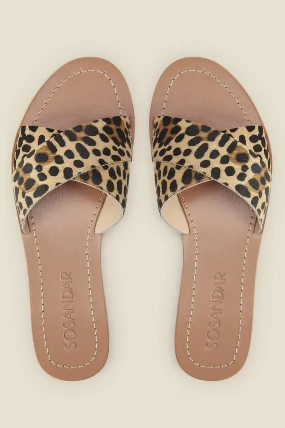 Sosandar Lisbon Leopard Pony Cross Strap Mule Flat Sandal Women Sandals and Flip Flops