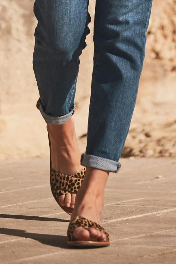 Sosandar Lisbon Leopard Pony Cross Strap Mule Flat Sandal Women Sandals and Flip Flops