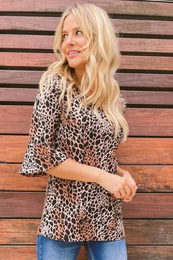 Sosandar Mocha and Black Animal Print 34 Sleeve Fluted Cuff Top Black Women Tops