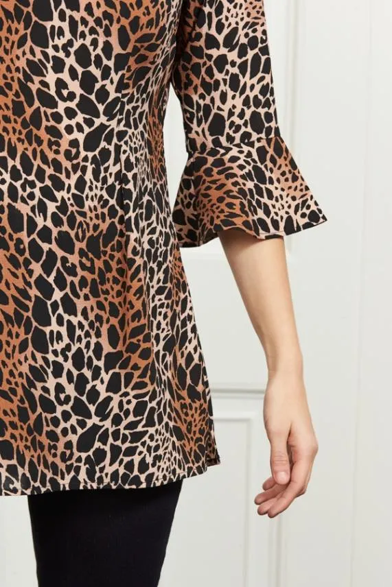 Sosandar Mocha and Black Animal Print 34 Sleeve Fluted Cuff Top Black Women Tops