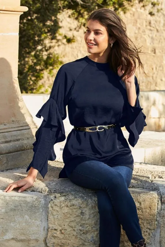 Sosandar Navy Blue Ruffle Sleeve Relaxed Fit Top Navy Blue Women Tops