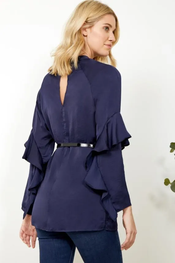 Sosandar Navy Blue Ruffle Sleeve Relaxed Fit Top Navy Blue Women Tops