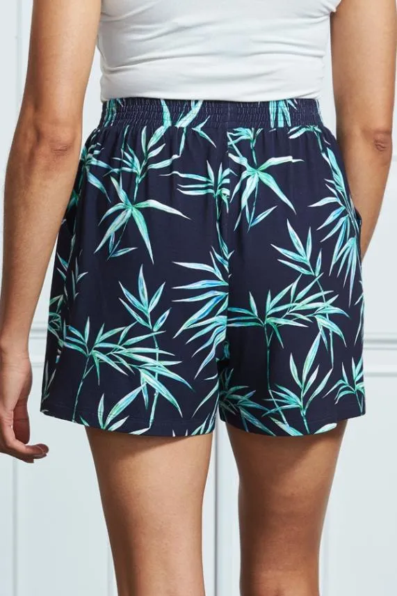 Sosandar Navy Blue Tropical Print Jersey Shorts With Pockets Navy Blue Women Shorts