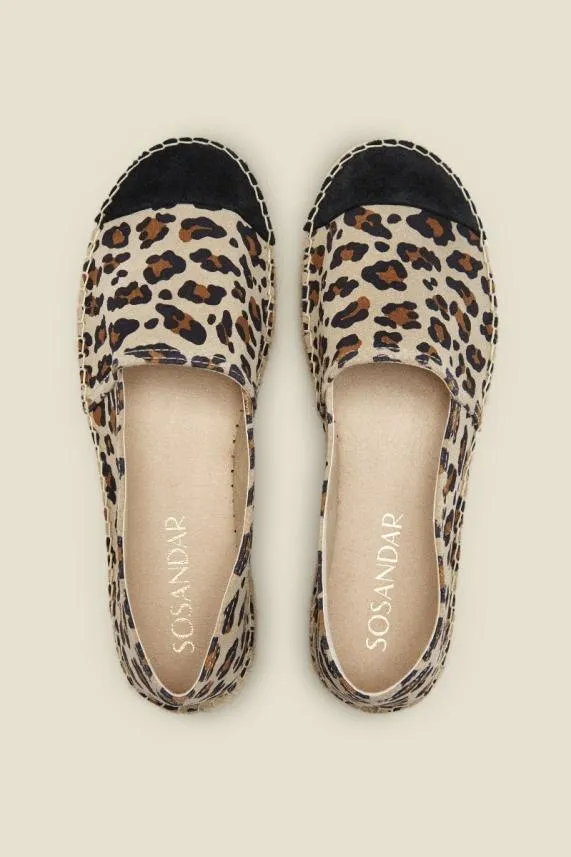 Sosandar Paloma Leopard Print Leather Flat Espadrille Women Sandals and Flip Flops