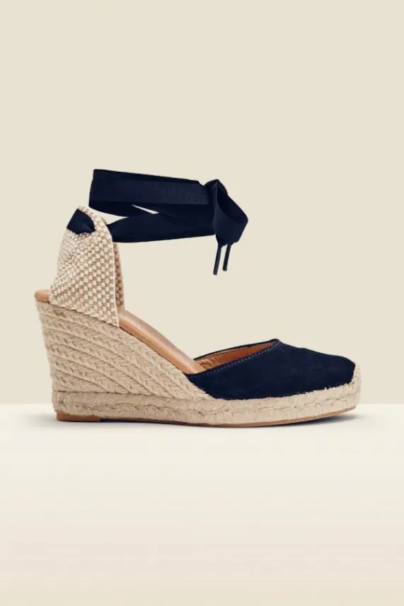 Sosandar Perla Navy Blue Suede Valenciana Wedge Espadrille Navy Blue Women Sandals and Flip Flops