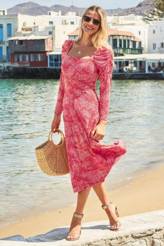 Sosandar Red and White Confetti Print Square Neck Dress Red White Women Dresses