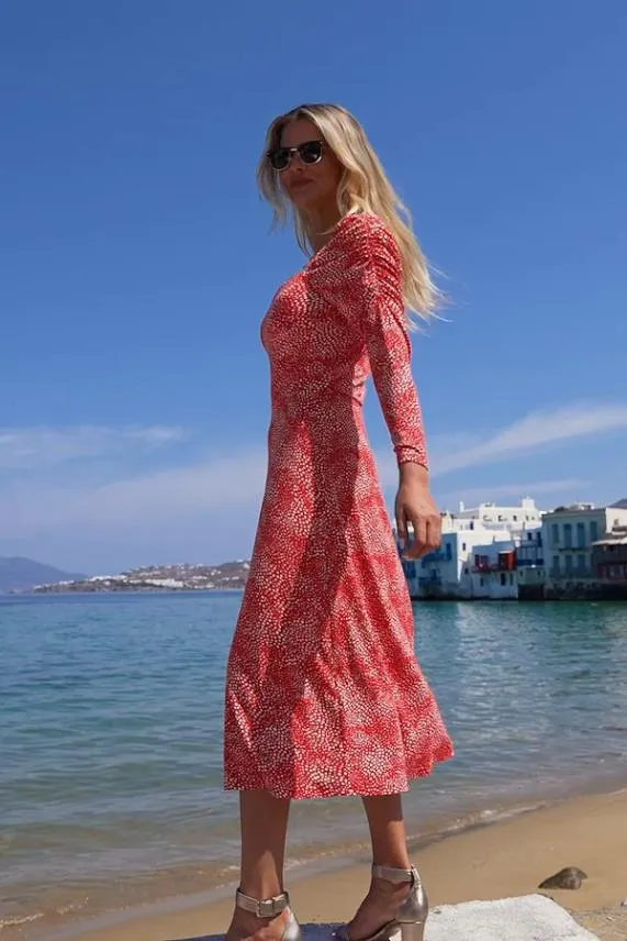 Sosandar Red and White Confetti Print Square Neck Dress Red White Women Dresses