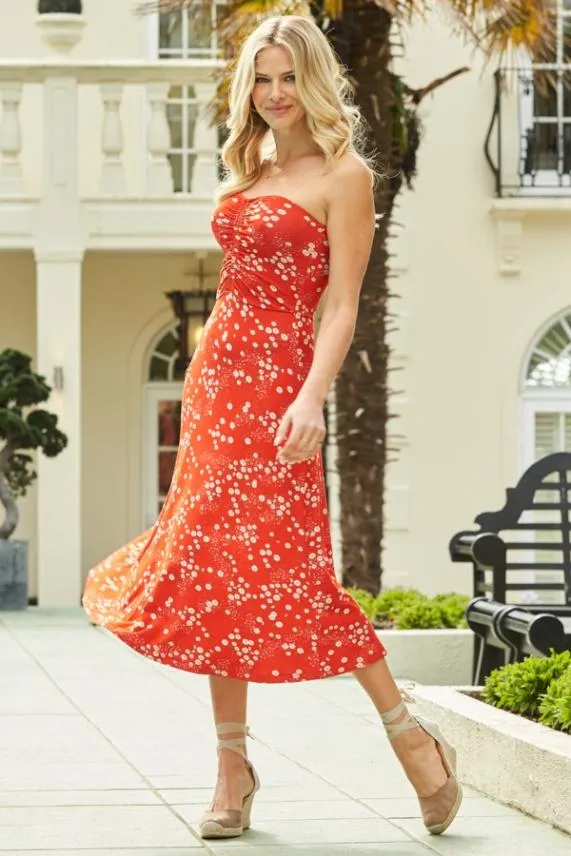 Sosandar Red and White Ditsy Floral Print Ruched Front Bandeau Dress Red White Women Dresses Sosandar Red and White Ditsy Floral Print Ruched Front Bandeau Dress Red White Women Dresses