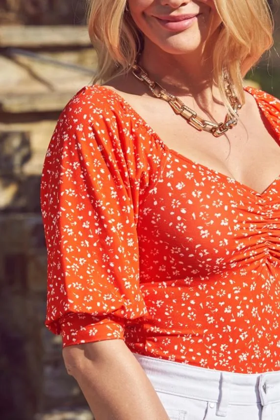 Sosandar Red and White Ditsy Print Sweetheart Neckline Top Red White Women Tops