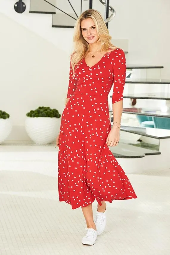 Sosandar Red and White Spot Print Jersey Midi Dress Red White Women Dresses