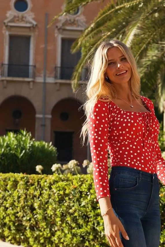 Sosandar Red and White Spot Print Ruched Neck Sleeve Top Red White Women Tops