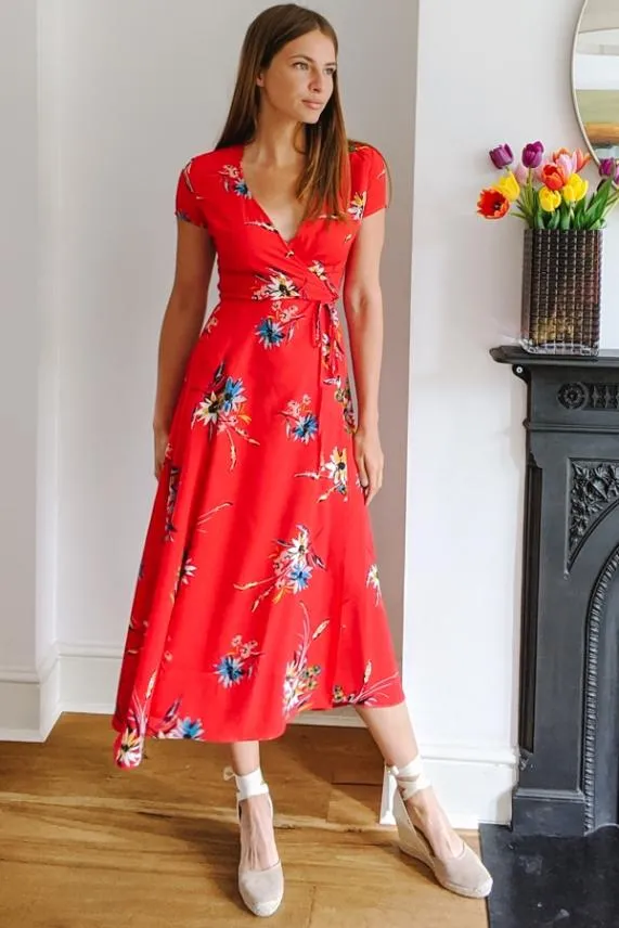 Sosandar Red Floral Print Wrap Maxi Dress Red Women Dresses