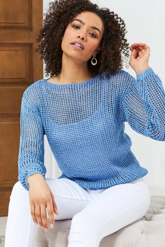 Sosandar Sky Blue Metallic Open Knit Jumper Sky Blue Women Knitwear