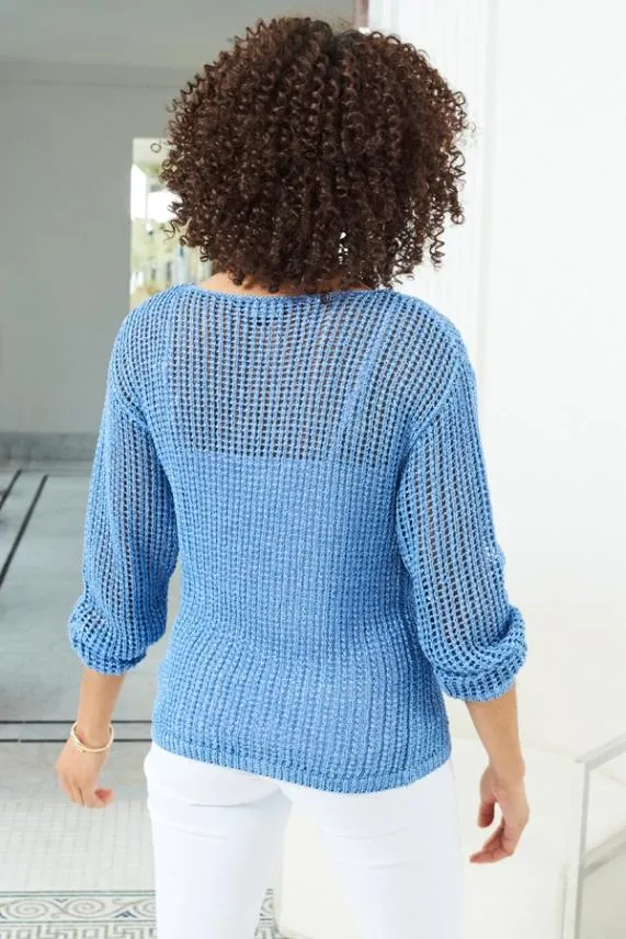 Sosandar Sky Blue Metallic Open Knit Jumper Sky Blue Women Knitwear