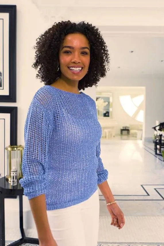 Sosandar Sky Blue Metallic Open Knit Jumper Sky Blue Women Knitwear