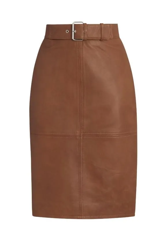 Sosandar Tan Leather Buckle Detail Pencil Skirt Tan Women Skirts