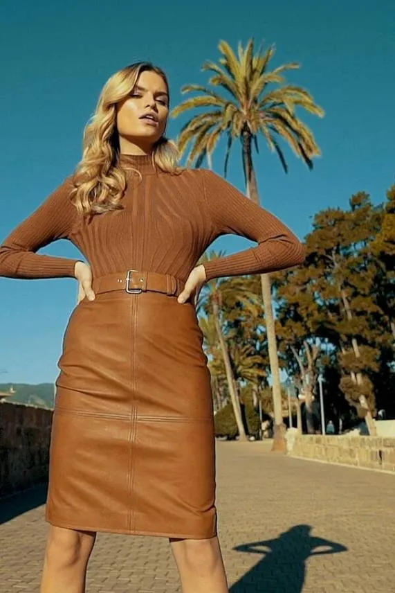 Sosandar Tan Leather Buckle Detail Pencil Skirt Tan Women Skirts